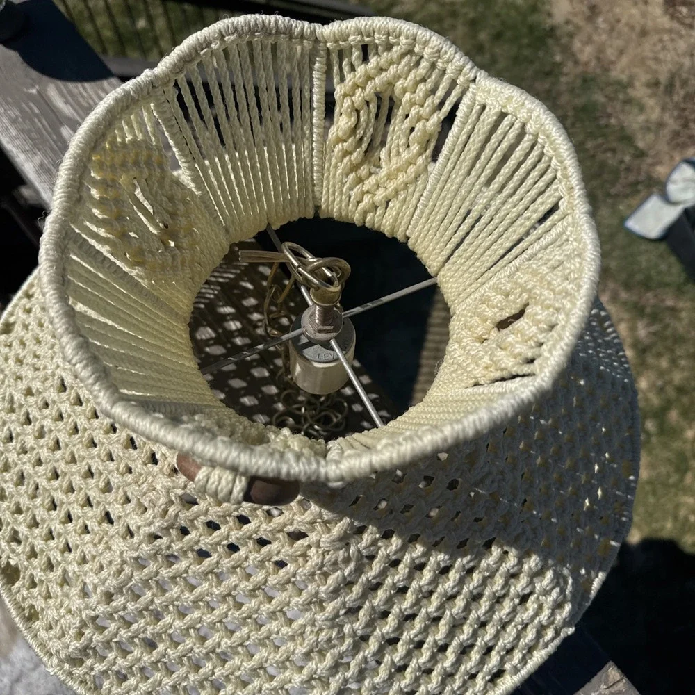 Large Vintage Macrame Hanging Swag Lamp Shade Only Ivory Wood 70s Boho Handmade